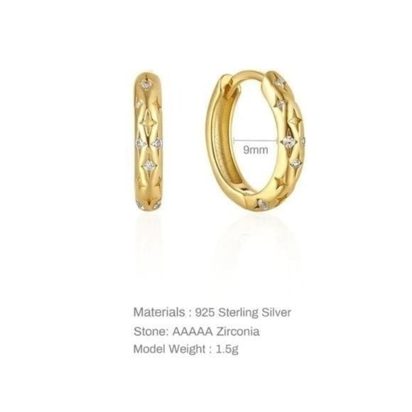 Celestial Gold Tiny Huggie Hoop Earrings Star Engraved Cubic Zirconia Dainty - Picture 8 of 10